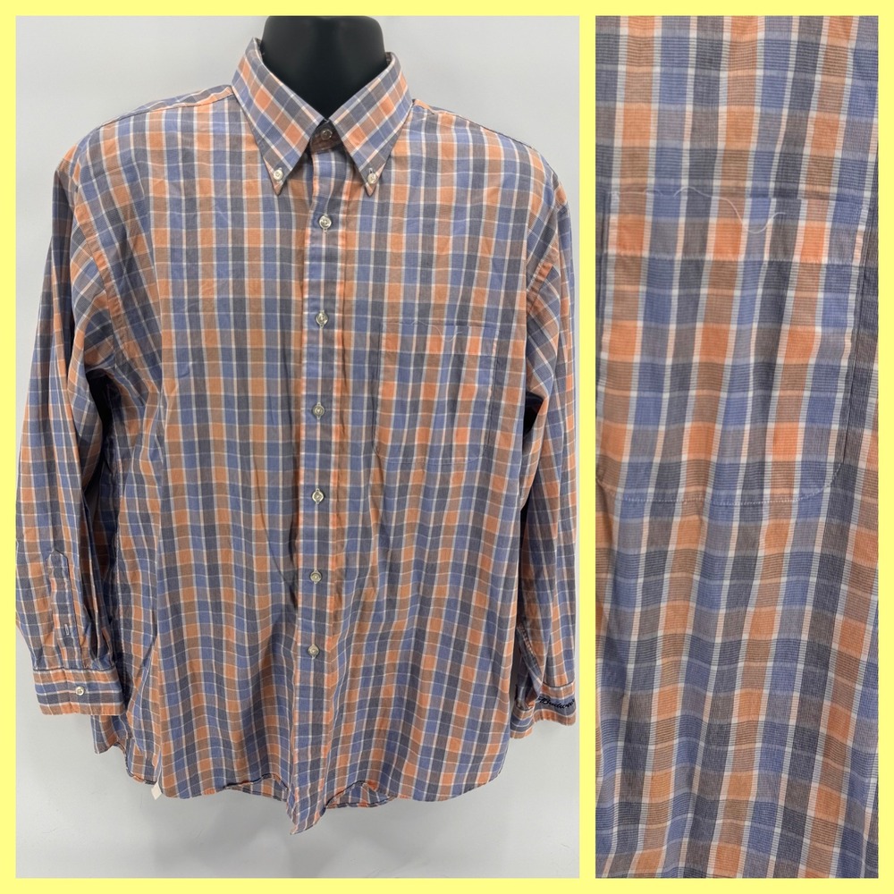Anheuser-Busch Button‎ Down Shirt Mens L Blue Orange Plaid Budweiser Embroidery